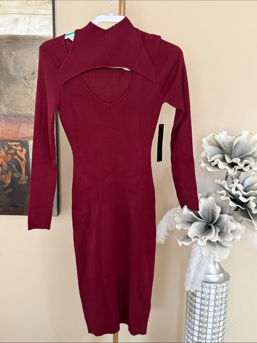 Almost Famous Wine Red Ribbed Long Sleeve Cutout Midi Dress